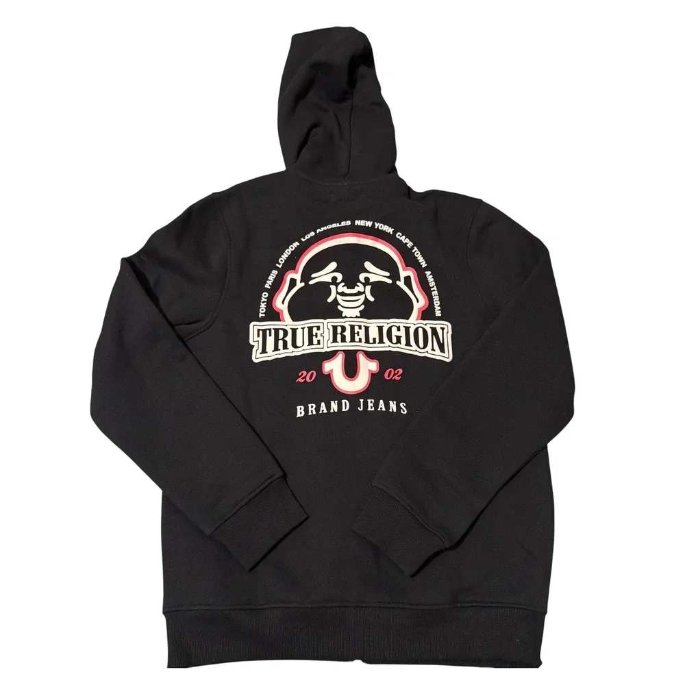 True Religion Mens Medium Black Sunrise Buddha‎ Zip Hoodie Sweatshirt